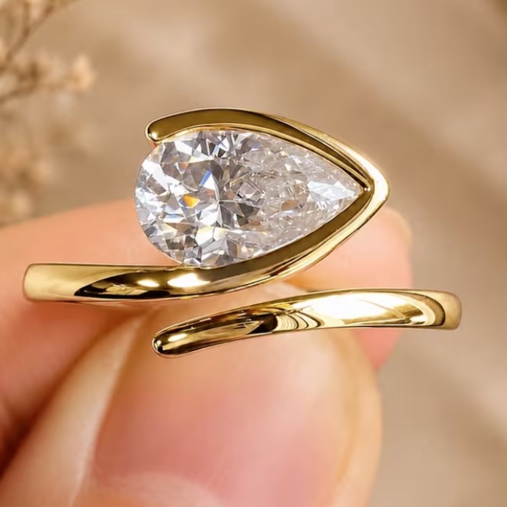 Elegant Gold Teardrop Synthetic CZ Open Band Ring - Gold Plated -size 6 1/2